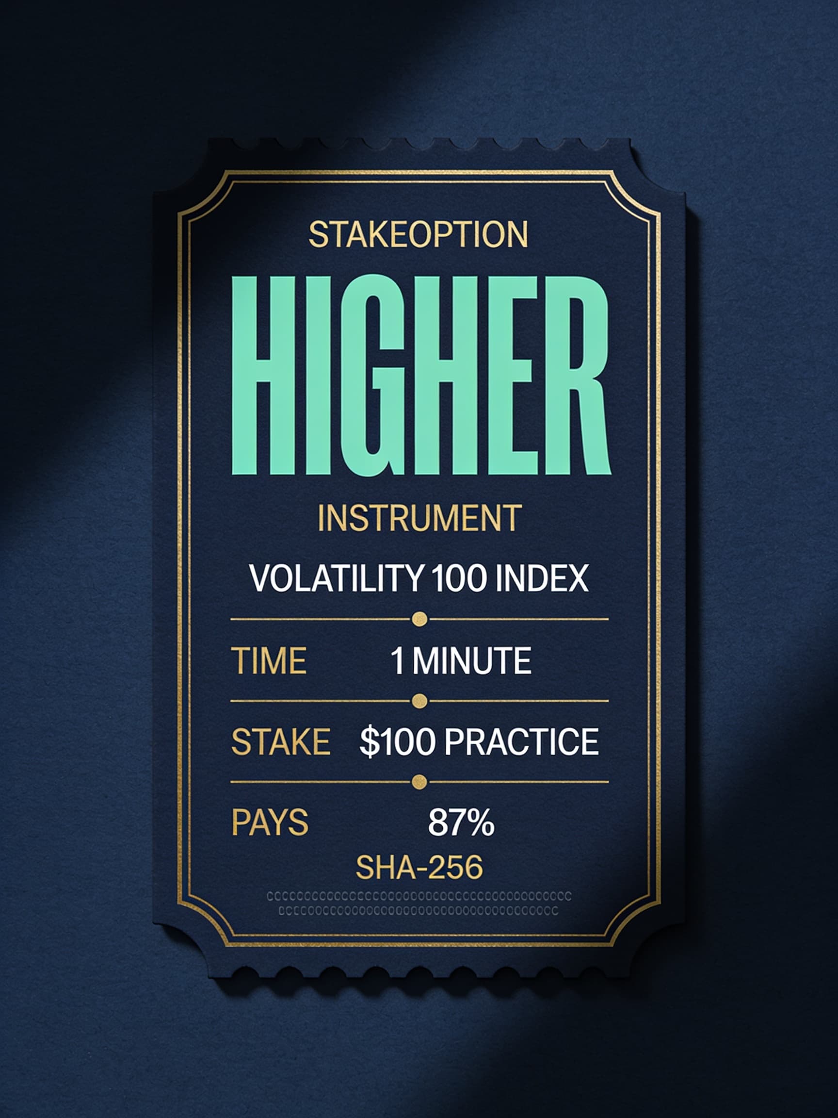 A printed StakeOption demo call: Higher, Volatility 100 Index, one minute, $100, 87%, hashed